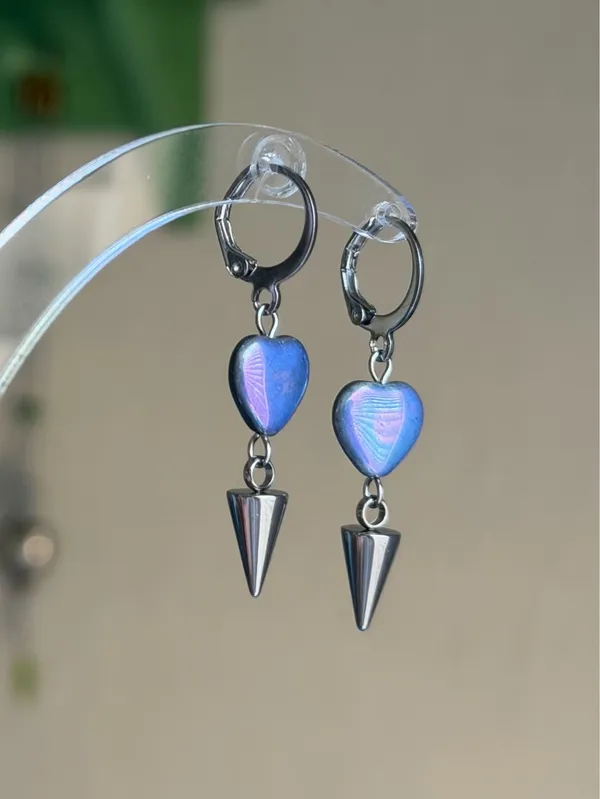Handmade Czech glass heart & spike dangle earrings💜🩵💙 - Image 6
