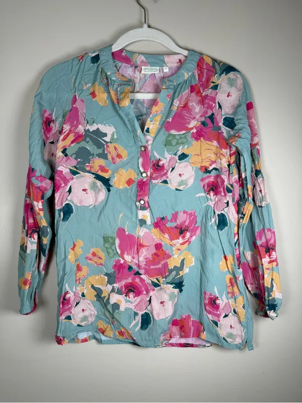Women's Floral V-Neck Blouse - Pink Floral on Light Blue Sz XS - Image 2