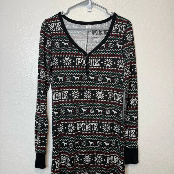 Pink by Victoria’s Secret Fair Isle Dog One Piece Pajamas Union Suit Size Medium - Image 2