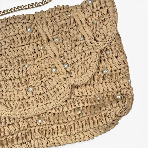 NWOT J.Crew Raffia Straw Small 9 x 6" Purse or Clutch Bag Pearls Gold Chain - Image 4
