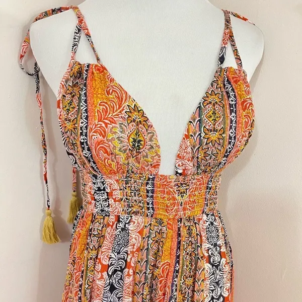 En Creme Boho Mixed Print Floral Stripe Halter Dress S NEW - Image 9