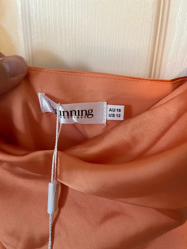 Beginning Boutique Ella Orange Off-Shoulder Formal Dress - Image 3