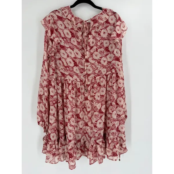 Free People Mini Dress These Dreams L Red Tea Floral Pleated Ruffle Cottagecore - Image 10