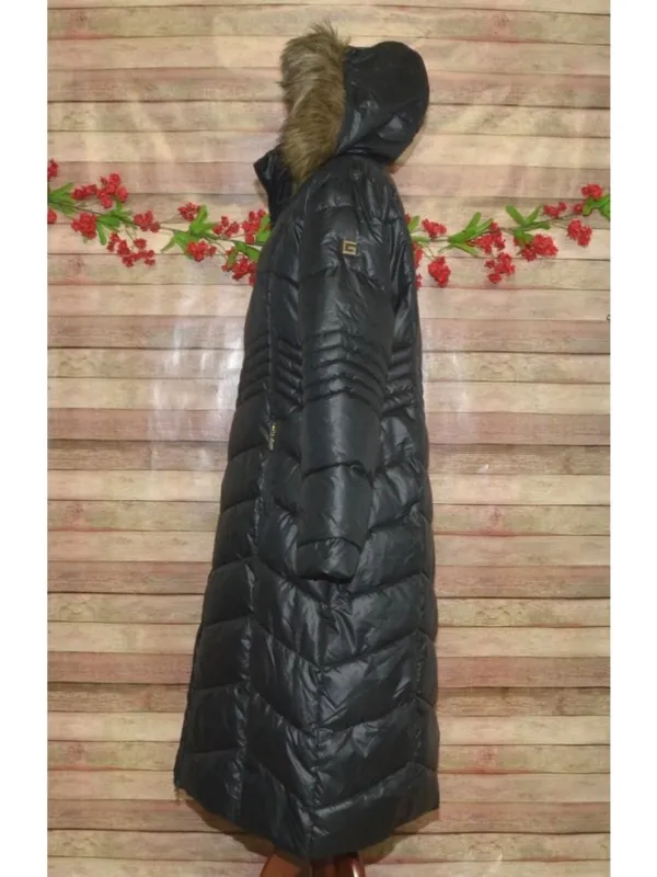 Gallery New York Womens L Long Maxi Puffer Coat Black Faux Fur Hood Quilted - Image 6