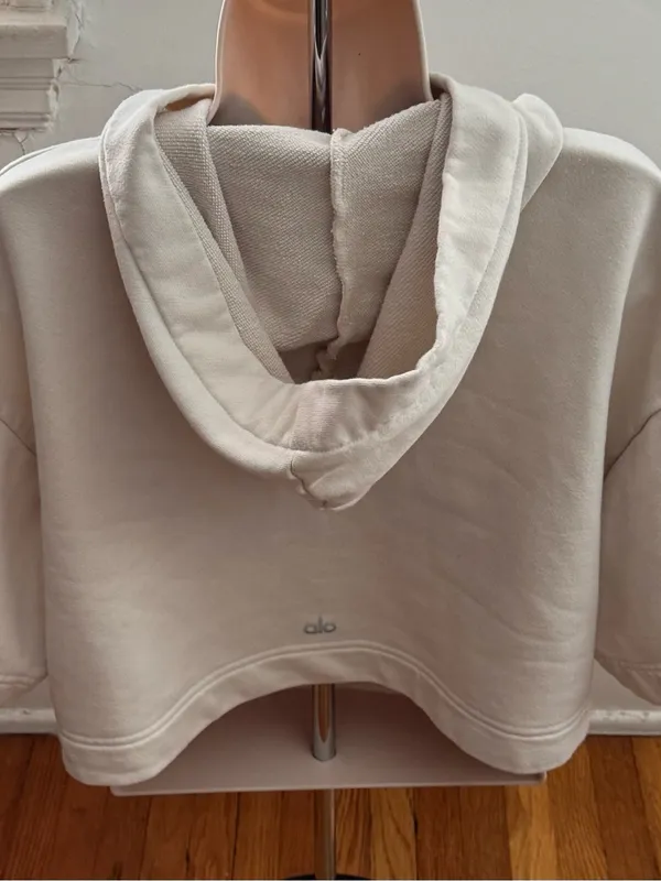 ALO Yoga Air Land Ocean Cream Short-Sleeve Cropped Hoodie sweatshirt, size M - Image 3