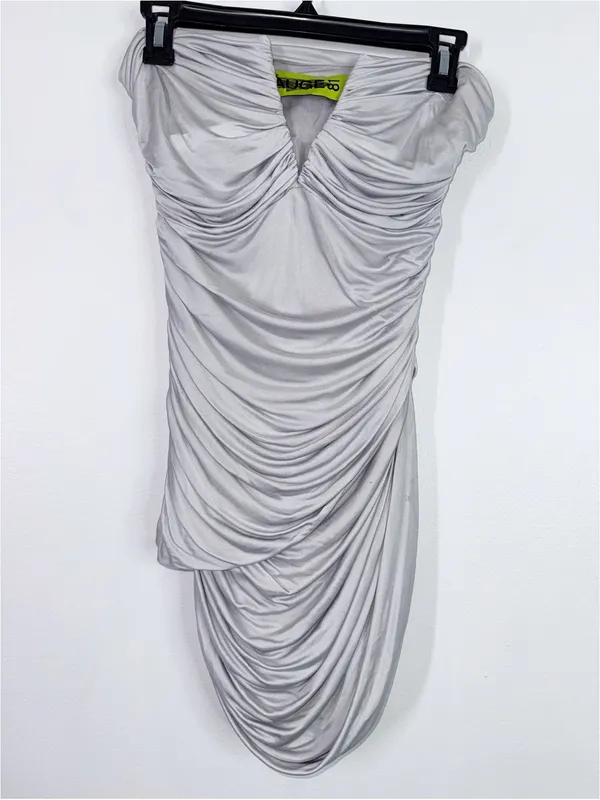 Gauge 81 women’s gray Talsi plunge neck draped strapless mini dress size small - Image 2