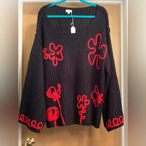 POL Black Boho Knit Sweater with Red Floral Accents. Size-Medium - Image 3