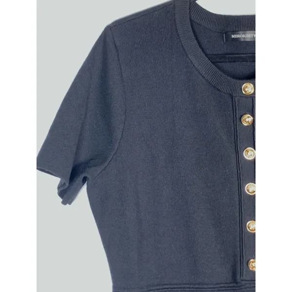Merokeety Dress XL Black Gold Button Short Sleeve Knit Preppy Career Mini - Image 5