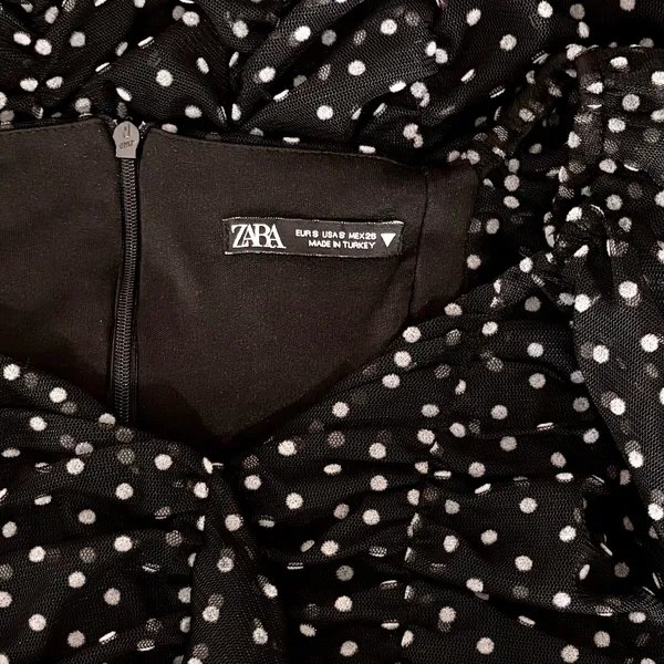 ZARA Chiffon Black Polka Dot Ruched Mini Dress Black Gray Party Blogger‎ Small - Image 11