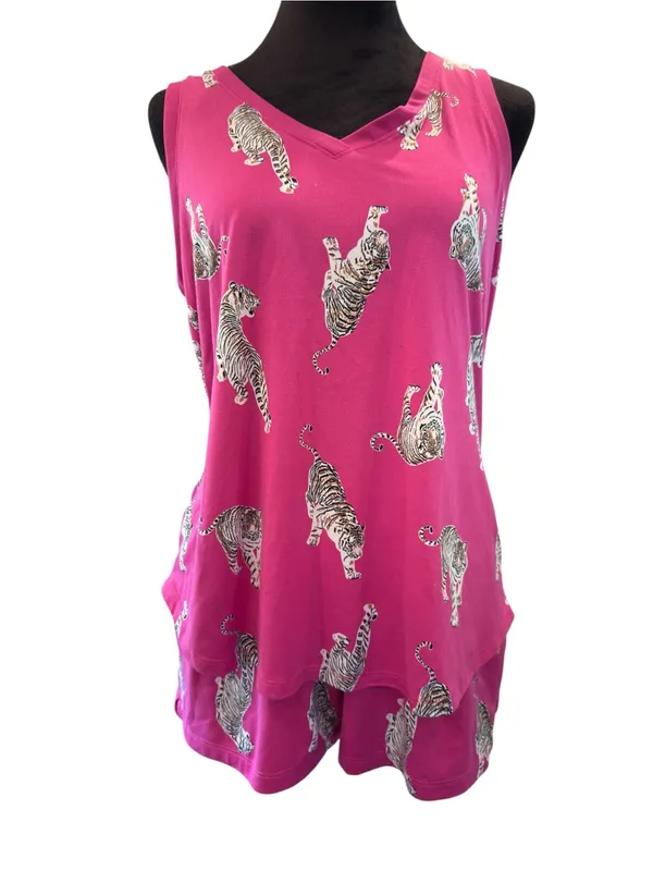 Joyspun Tiger Print Pajama Set Vibrant Loungewear Hot Pink Soft M/S Mix - Image 2