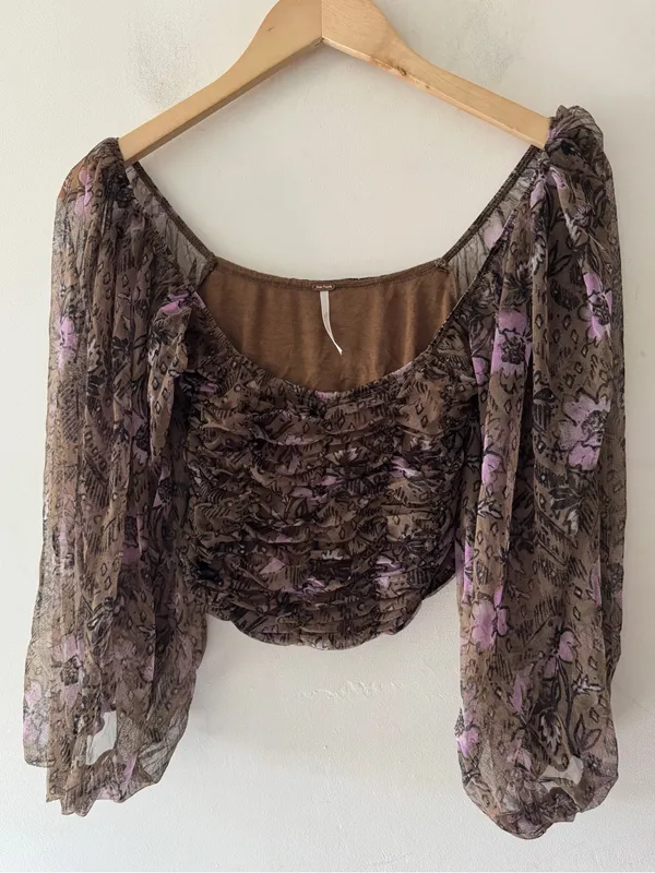 Free People Lilia Top‎ in Olive Combo Puff Sleeve - Image 2