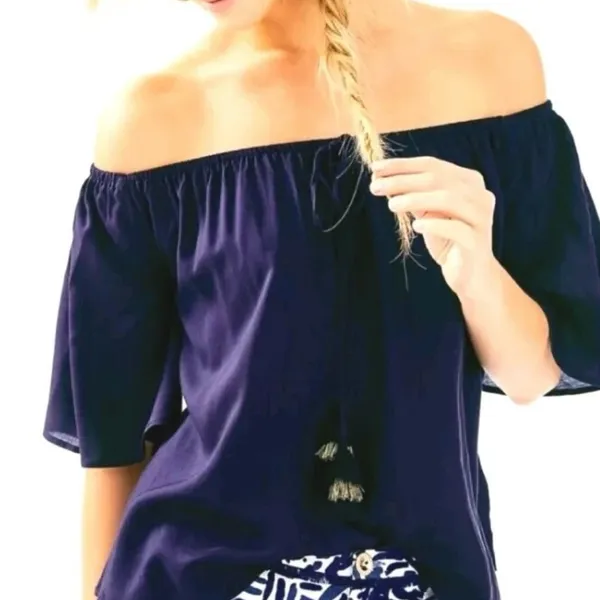 Lilly Pulitzer Sain Off-Shoulder Blouse Short‎ Bell Sleeve Tassel True Navy - Image 6