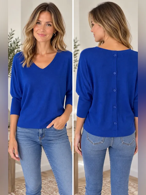 Vila Milano Cobalt Blue Dolman Button Back Sweater Small - Image 2
