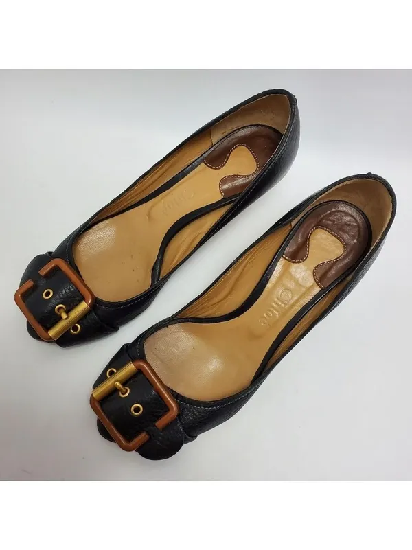 Chloe Leather Buckle Peep Toes Kitten Heels Slip On Pumps Size 37 Black - Image 2