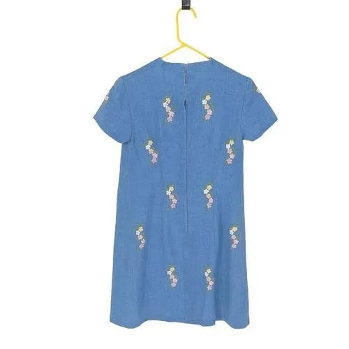 Vintage 60's Floral Embroidered Shift Dress Blue Chambray Size 6/8‎ - Image 5