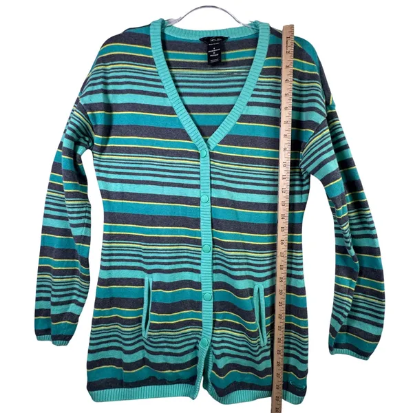 Oakley Y2K Stripe Cardigan Aqua Gray‎ Indie Grunge Soft Girl Sweater Mallcore S - Image 6
