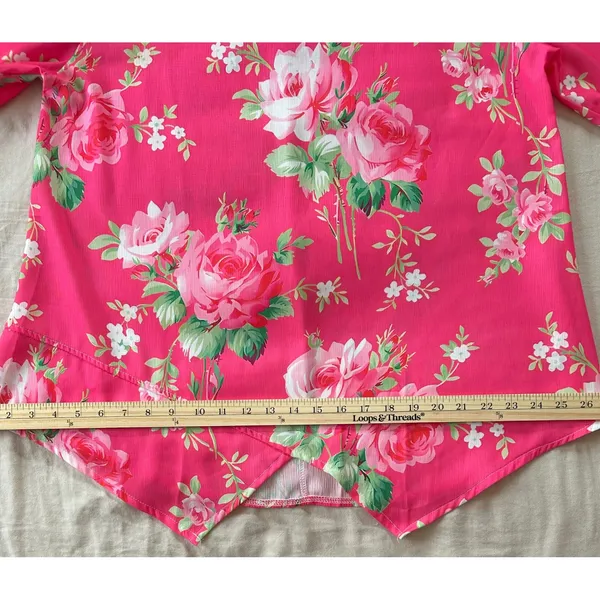 Floral V-Neck Blouse Magenta Pink Rose Print Asymmetrical Hem Top XL - Image 3