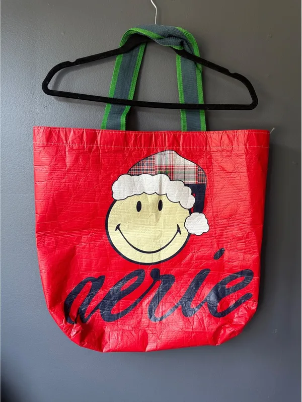 Aerie Red Holiday Tote Bag with Smiley Face and Plaid Santa Hat - Image 2