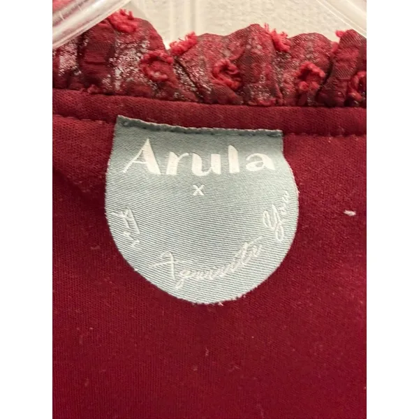 Arula Burgundy Swiss Dot Mini Dress Women L Wine V-Neck Balloon Sleeve Ruffle - Image 4