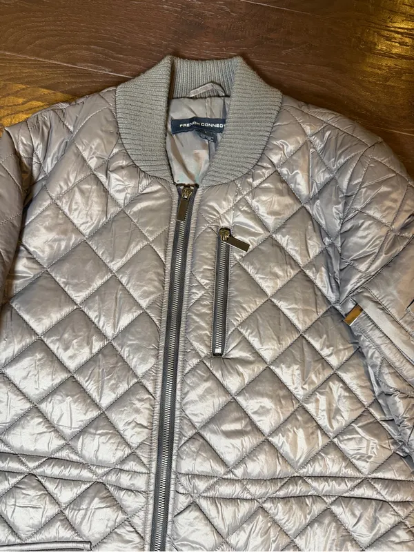 French Connection Large Silver Quilted Longline Bomber Jacket Coat - Image 8