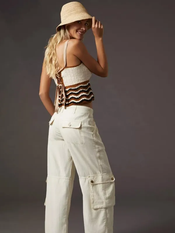 By Anthropologie Cream Linen Blend Beach Cargo Pants - Size - Medium - Image 2