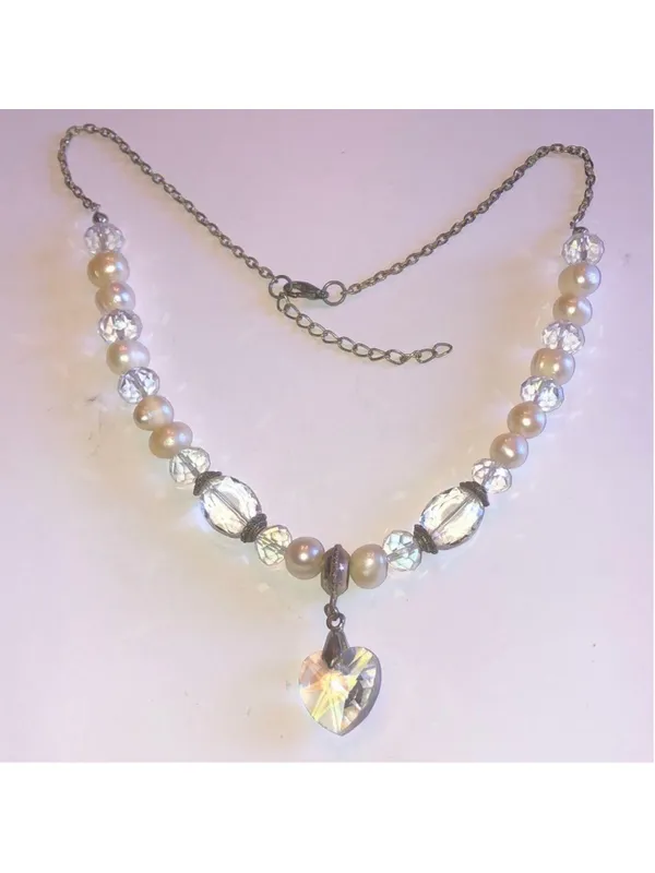 Silver Tone Genuine Pearls & Clear AB Beaded Boho Heart Pendant Necklace - Image 2
