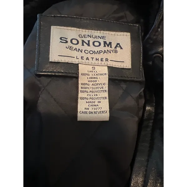 Sonoma women Black Genuine Leather Hooded Jacket Parka Coat Small fur lined hood - Image 4