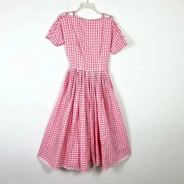 Vintage Pink & White Plaid Lattice Sleeve A Line Midi Dress Size S - Image 4
