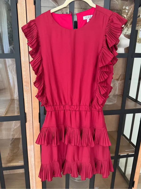 Shop The Mint TCEC Crimson ruffle tiered mini dress maroon a&m alabama pleated short sleeve - Image 6
