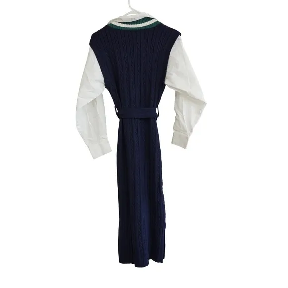 En Saison Navy Cable‎ Knit Sweater Vest Shirt Dress Mixed Media Midi XS NEW - Image 9