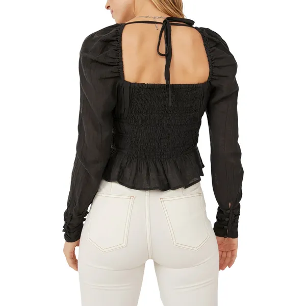 Free People Medium Top Chloe Long Sleeve‎ Smocked Black Regency Romantic 1296 - Image 3