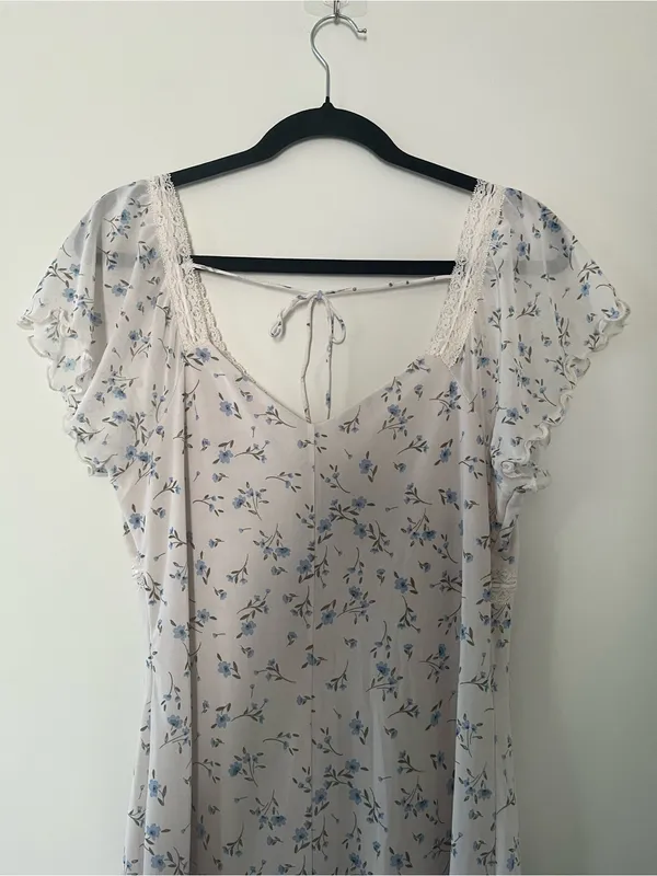 White Blue Ditsy Floral Cottagecore Babydoll Lace Midi Dress XL Romantic Dainty - Image 8