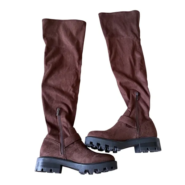 Marc Fisher LTD Ganven Brown Faux Suede Over The Knee Lug Sole Boots 7M NEW - Image 3
