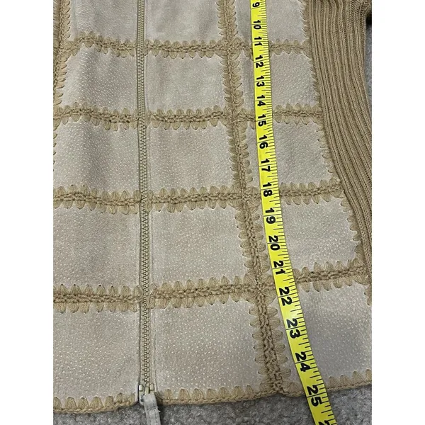 Studio Works Vintage 90s Leather Patchwork Sweater M Full Zip Brown Boho Western Rustic Ranch - Image 5