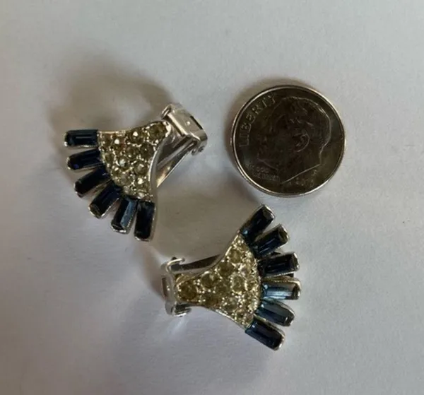 Vintage Simulated Sapphire and CZ Silver-tone Paddle Back Clip On Earrings - Image 3