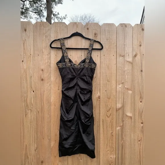 CACHE 2 Black Gold Cocktail Party Body con Dress‎ Stretch Satin Embroidered - Image 4