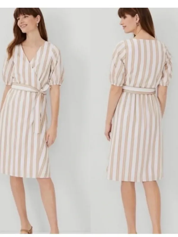 Ann Taylor Striped Wrap Dress Puff Sleeves Tan White Size XXL - Image 5