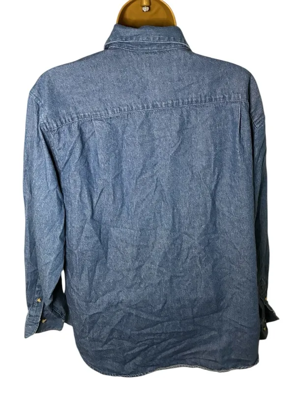 Vintage 90s Cambridge Dry Goods Embroidered Christmas Denim Button Up Shirt L - Image 6