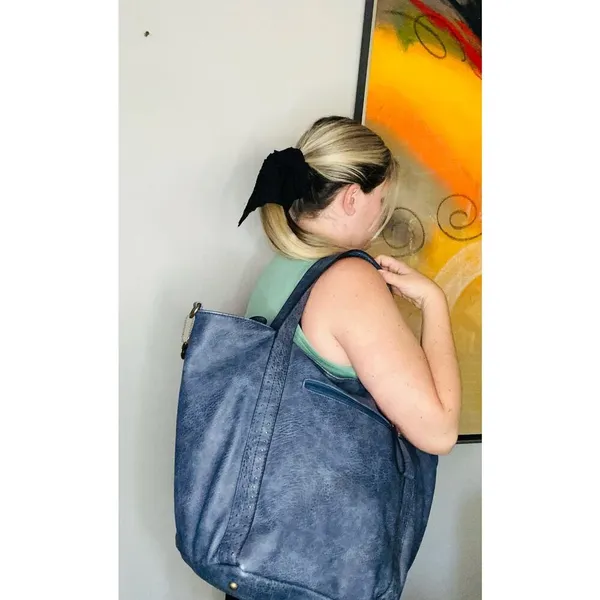 AMPERE Vegan Blue Leather The Amelie Tote Brass Hardware Coin Purse Shoulder Bag - Image 3