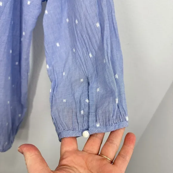 J. Crew Blue Peasant Top Polka Dot Gauzy Tie Neck Tassel‎ 3/4 Puff Sleeve Size M - Image 9
