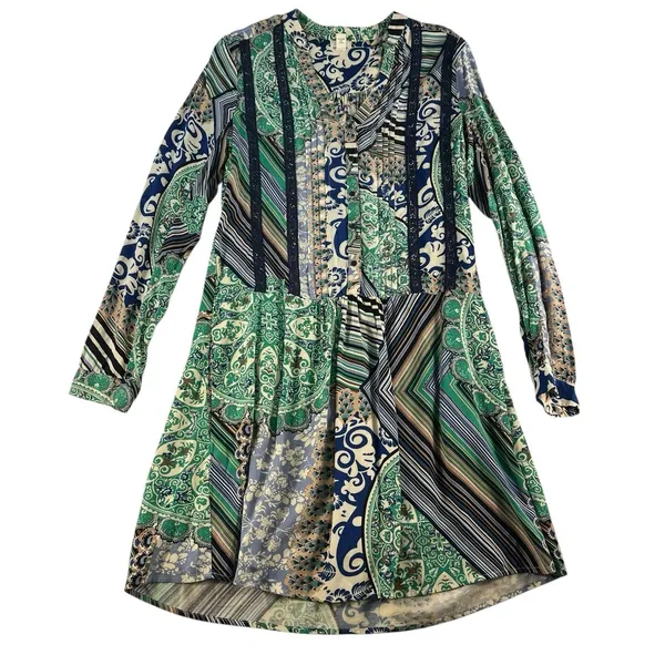 TINY Anthropologie XS Caviana Shirt‎ Dress Blue Paisley Women’s Boho Long Sleeve - Image 3