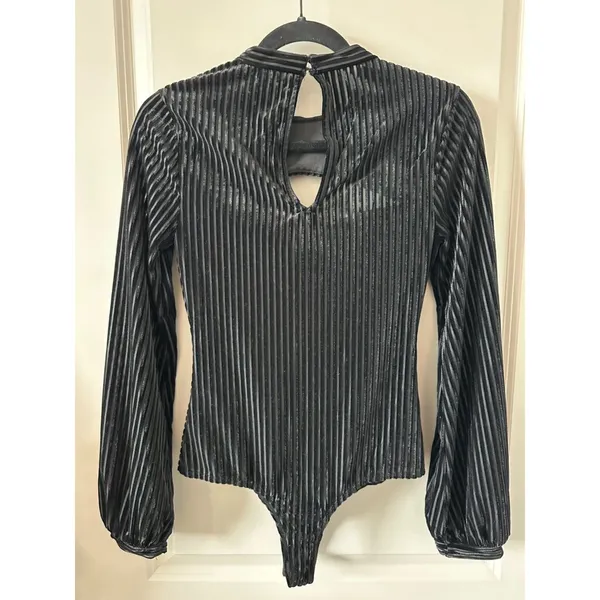 Lulus Black Cat Woman Cutout Padded Velour Striped Going Out Bodysuit Women's Sz - Image 2
