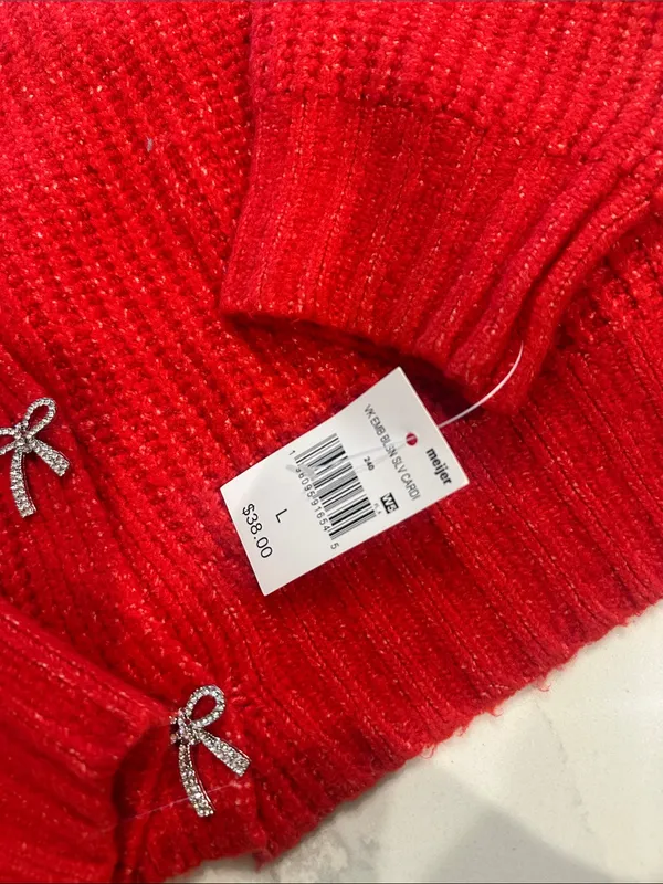 Pink Rose red knit oversized cropped sweater with jewel bow buttons size L NWT - Image 4