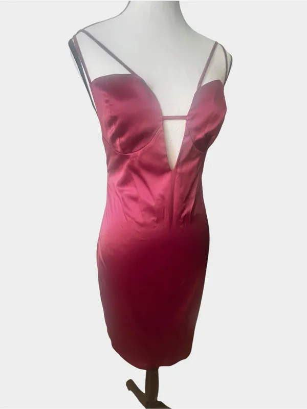 Miss Circle Burgundy Wine Satin Plunge Cutout Bodycon Midi Dress Small - Image 3
