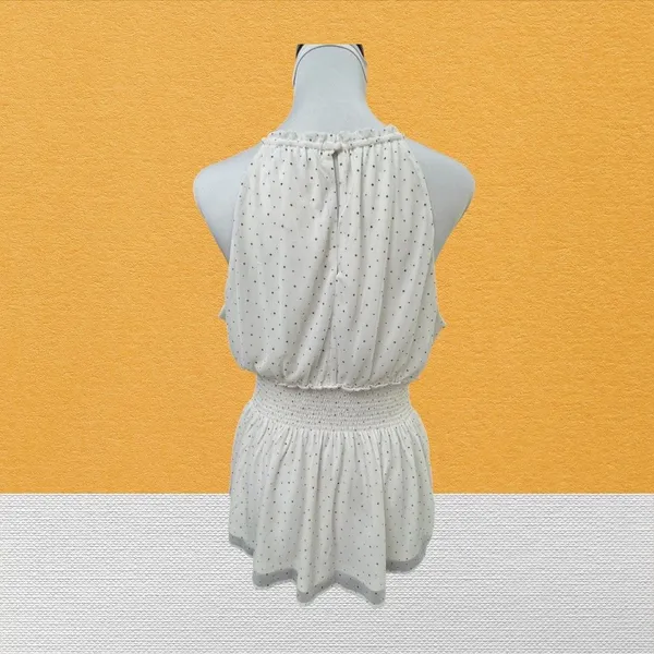 Express Top Sz M NWT Ivory Polka Dots Halter Smocked Sleeveless Peplum Lined - Image 3