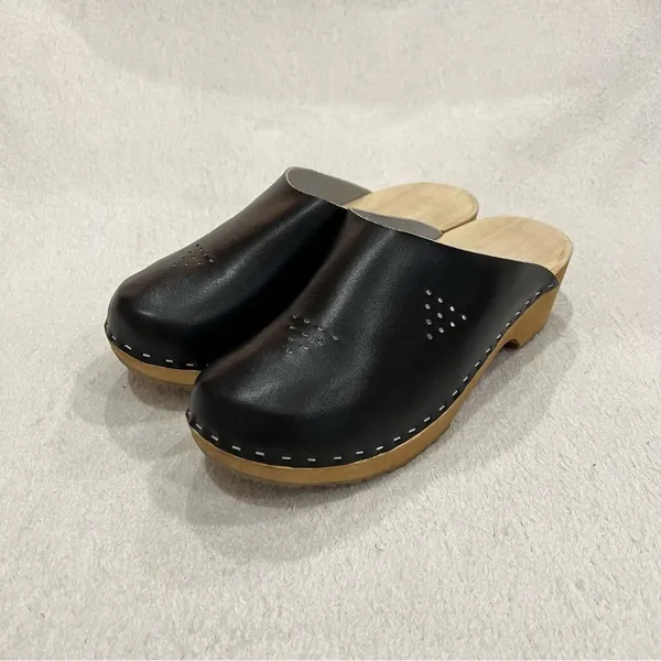Marcus Black Leather Wooden Swedish Clogs Size 36 - Image 4