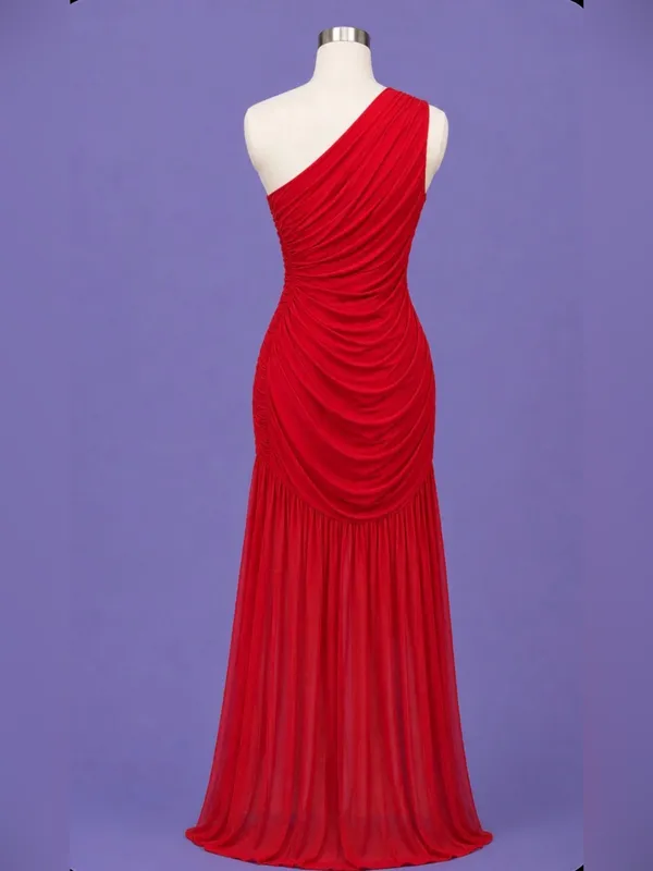 #273 - H10 Red Ruched Mesh One Shoulder Maxi Dress-Medium, 8-10 NWOT - Image 3