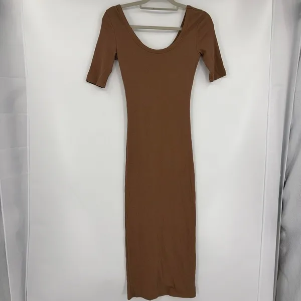 Signature 8 Mocha Ribbed Bodycon Maxi Dress Small Clean Girl Minimalist Neutral - Image 2