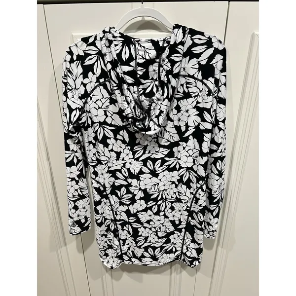 Coolibar Seacoast Swim Coverup Dress UPF 50 Floral Black & White Hooded Beach - Image 2