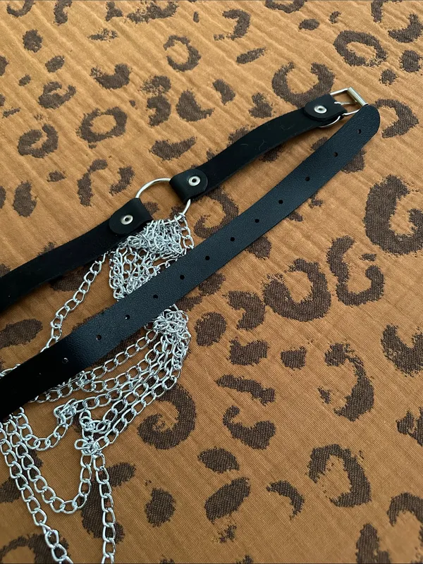 Black Leather Chain Body Harness with Silver Draped Chains - Image 4